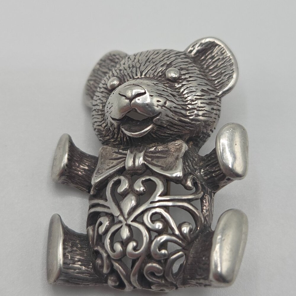 Vintage JEZLAINE Teddy Bear Brooch Sterling Silver 925 Signed JEZ